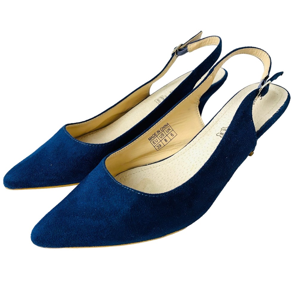 Greatonu Size 8 Suede Slingback Kitten Heels Pumps Blue Pointed Toe Comfort